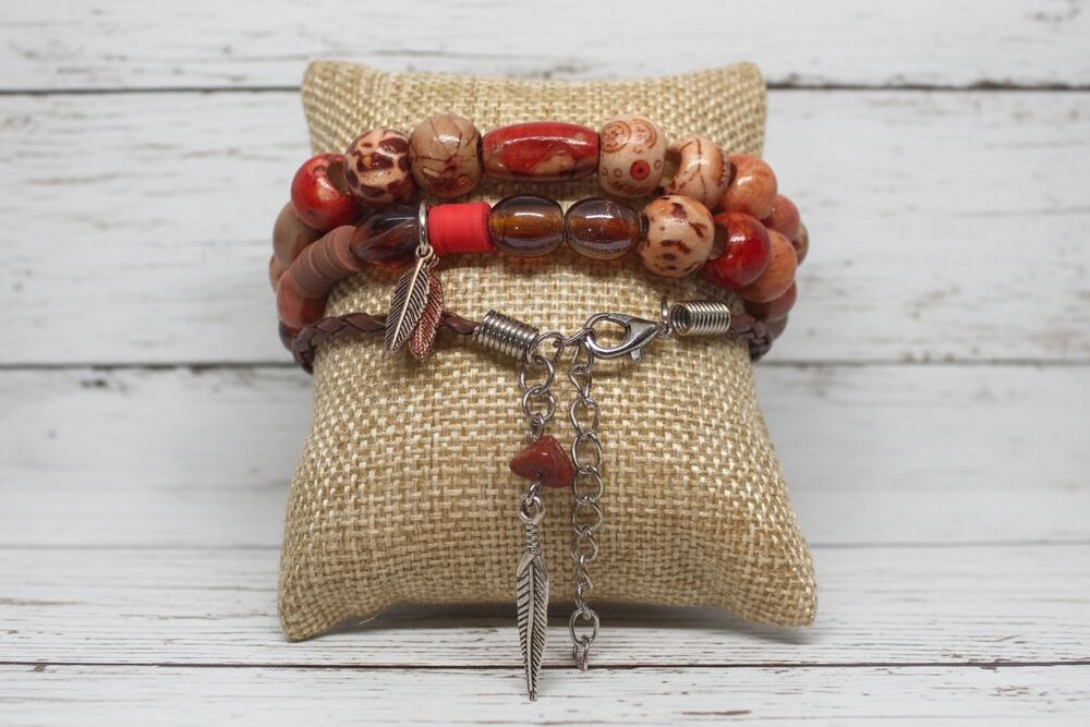 Southwestern Wooden Glass Heishi Beads Stretch & Leather Handmade Bracelet Set